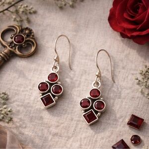 Natural Gemstone Garnet Bezel Set Cluster Dangle Earrings 925 Silver NWOT #501